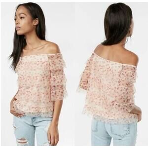 EXPRESS Sheer Tulle Ruffle Top Sz L Coquette Fairy Boho Romantic Rose Bud